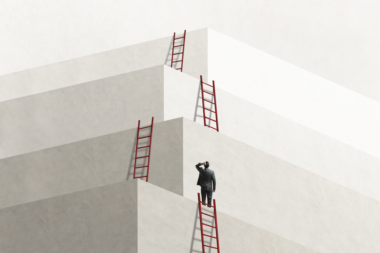 Leader Looks Up At Series of Ladders Leading To Successively Higher Levels